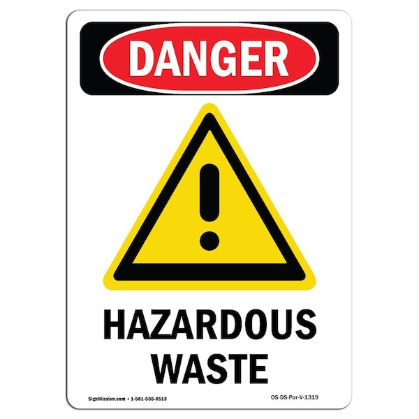 Safety Sign, OSHA Danger, 5" Height, Hazardous Waste, Portrait, 10PK